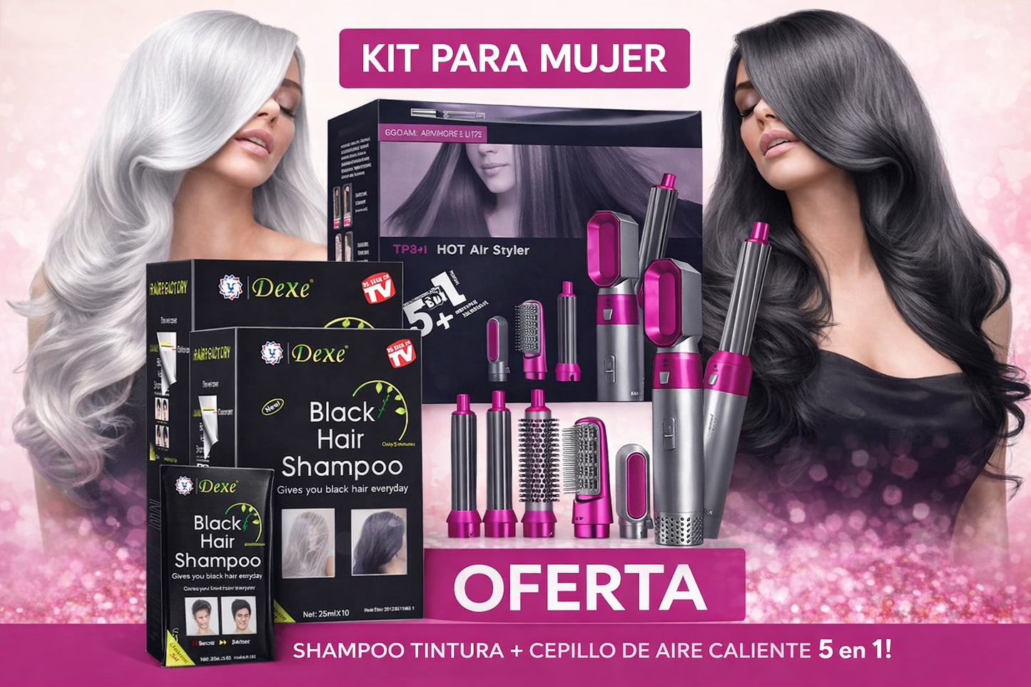 Kit 2 en 1 para Mujer – Shampoo Cubre canas + Cepillo 5 en 1